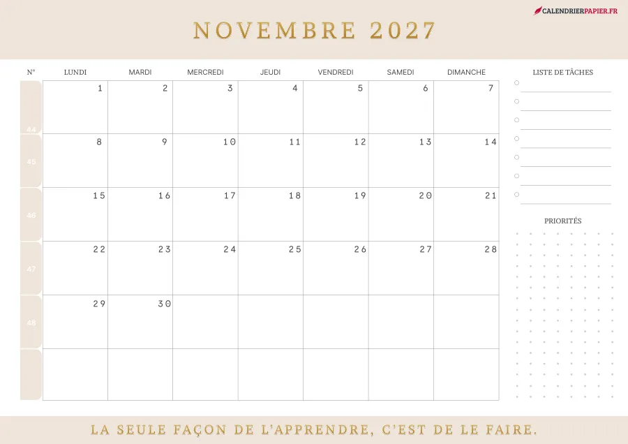 Calendrier novembre 2027 à imprimer avec numéros de semaine, liste de tâches, couleur crème