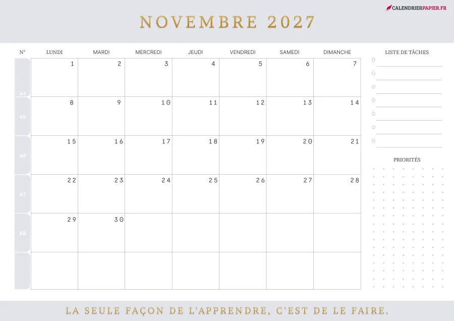 Calendrier novembre 2027 à imprimer avec numéros de semaine, liste de tâches, couleur lavande