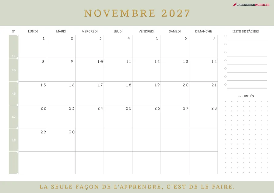 Calendrier novembre 2027 à imprimer avec numéros de semaine, liste de tâches, couleur vert