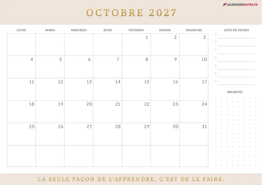 Calendrier octobre 2027 à imprimer avec jours fériés, liste de tâches, couleur crème