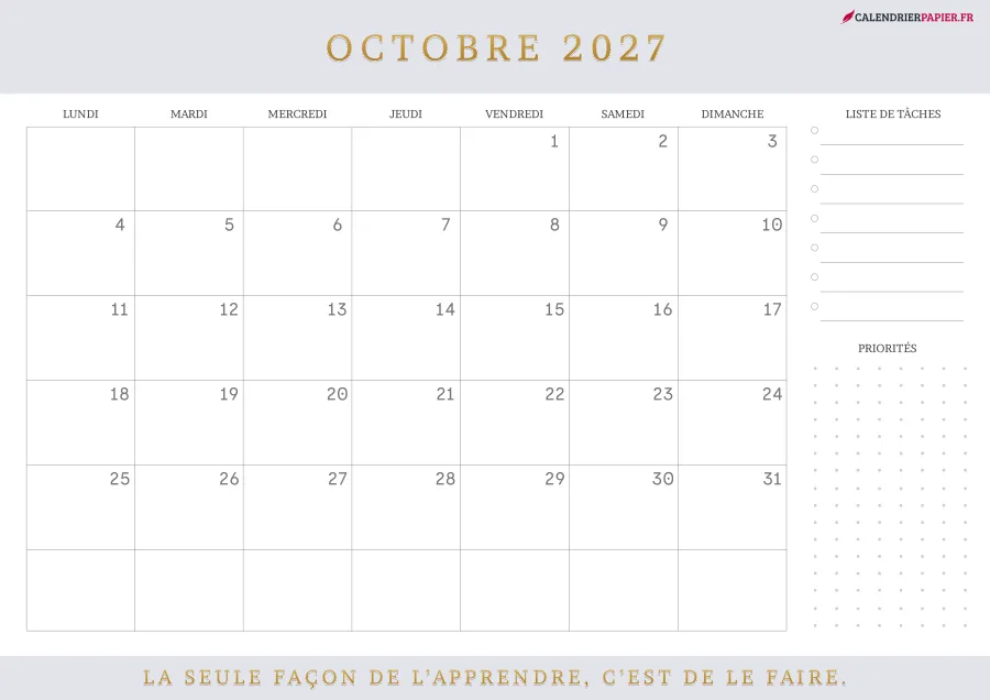 Calendrier octobre 2027 à imprimer avec jours fériés, liste de tâches, couleur lavande