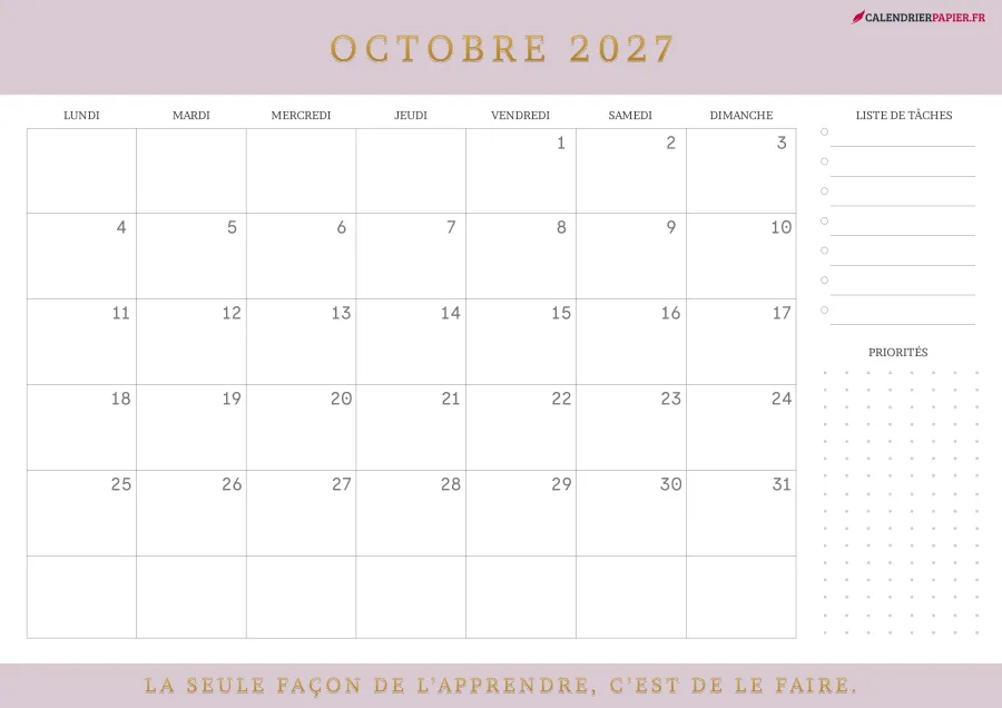 Calendrier octobre 2027 à imprimer avec jours fériés, liste de tâches, couleur rose