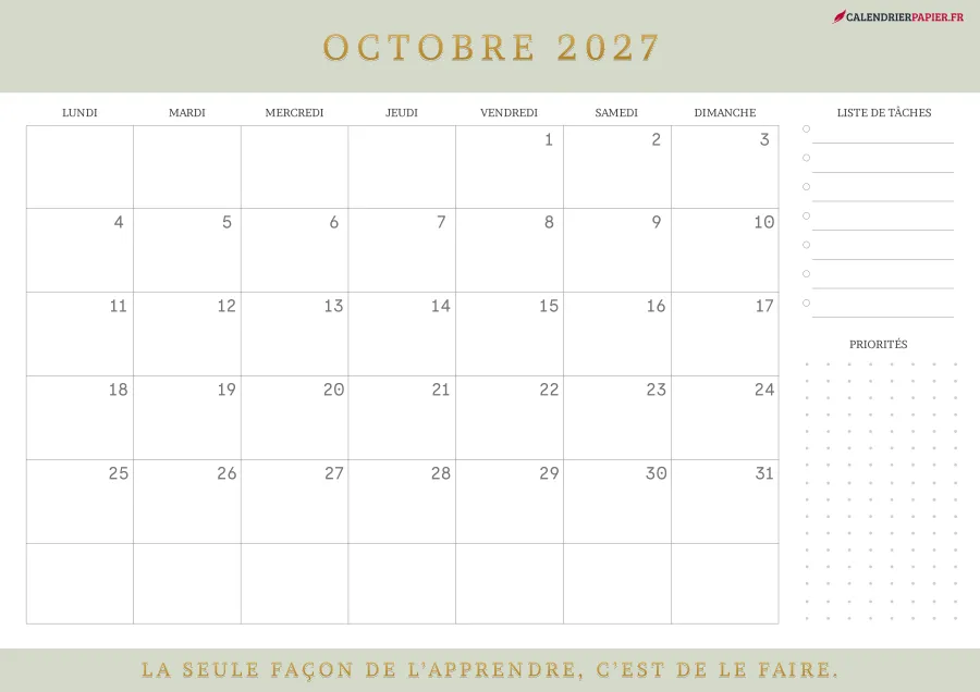 Calendrier octobre 2027 à imprimer avec jours fériés, liste de tâches, couleur vert