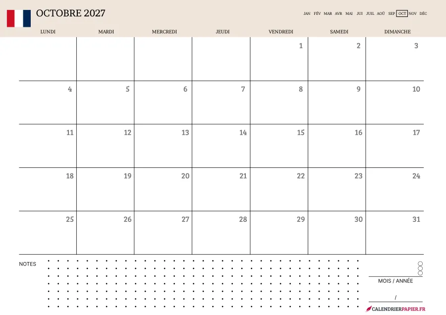 Calendrier octobre 2027 à imprimer avec jours fériés, notes, couleur crème