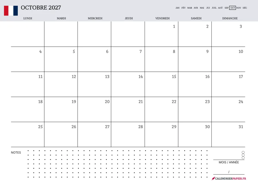 Calendrier octobre 2027 à imprimer avec jours fériés, notes, couleur lavande