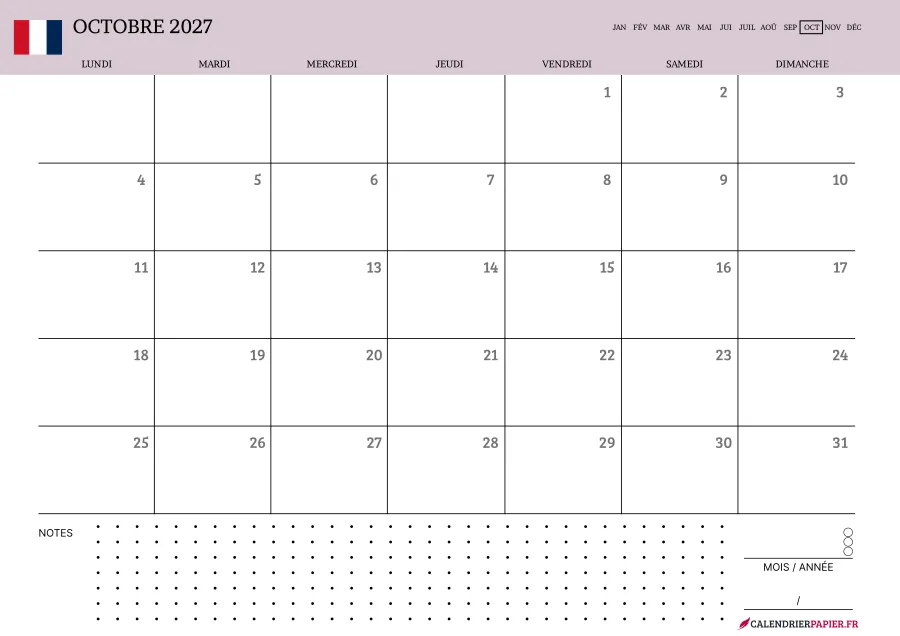 Calendrier octobre 2027 à imprimer avec jours fériés, notes, couleur rose