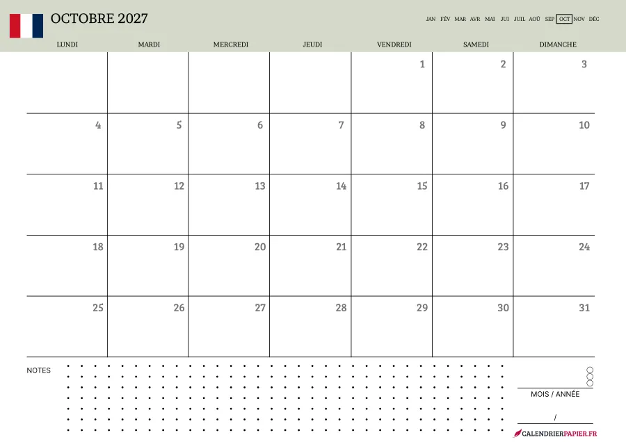 Calendrier octobre 2027 à imprimer avec jours fériés, notes, couleur vert