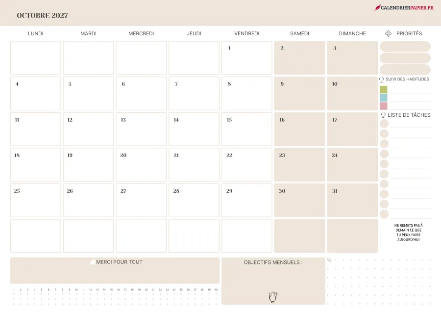 Calendrier octobre 2027 à imprimer avec jours fériés, priorités, couleur crème