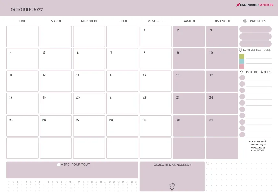 Calendrier octobre 2027 à imprimer avec jours fériés, priorités, couleur rose