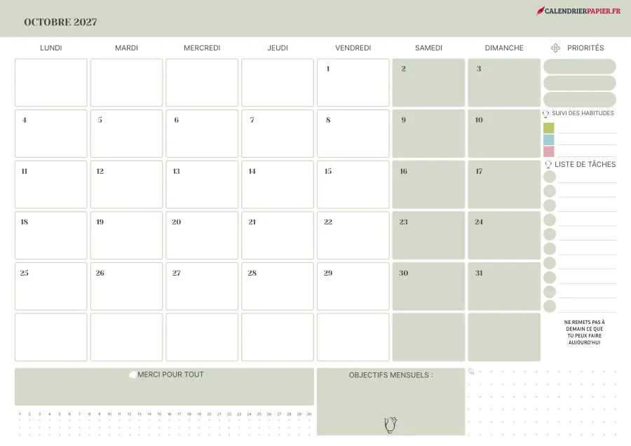 Calendrier octobre 2027 à imprimer avec jours fériés, priorités, couleur vert