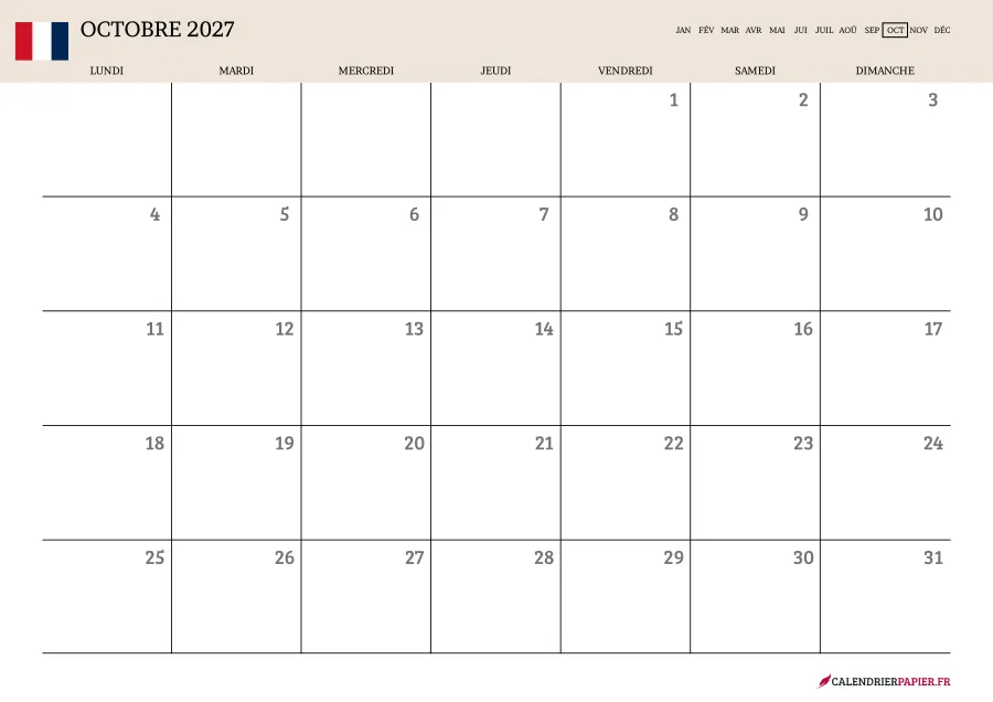 Calendrier octobre 2027 à imprimer avec jours fériés, vierge, couleur crème