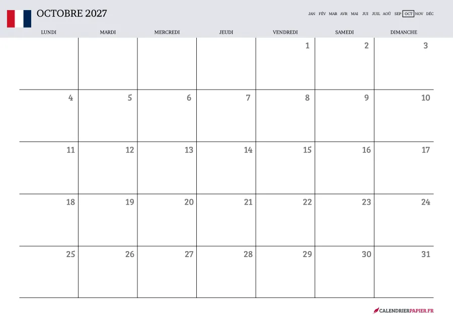 Calendrier octobre 2027 à imprimer avec jours fériés, vierge, couleur lavande