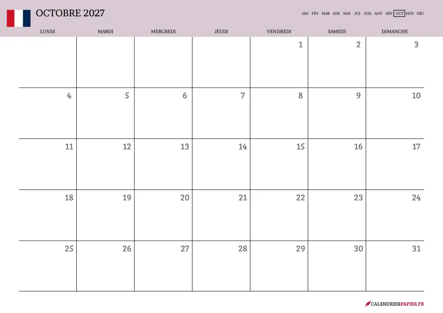 Calendrier octobre 2027 à imprimer avec jours fériés, vierge, couleur rose