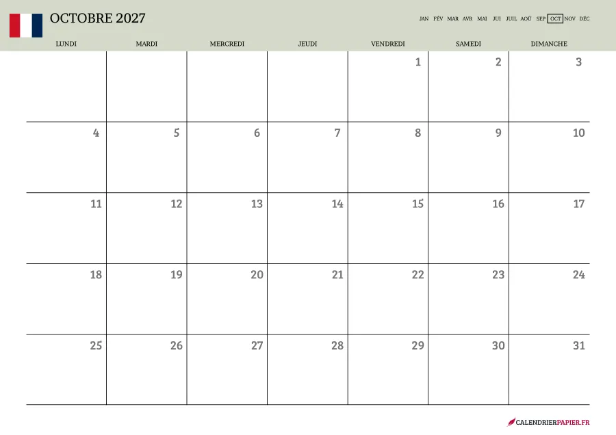 Calendrier octobre 2027 à imprimer avec jours fériés, vierge, couleur vert