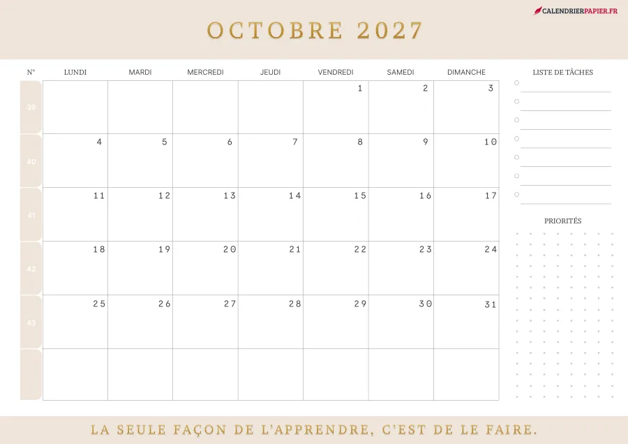 Calendrier octobre 2027 à imprimer avec numéros de semaine, liste de tâches, couleur crème