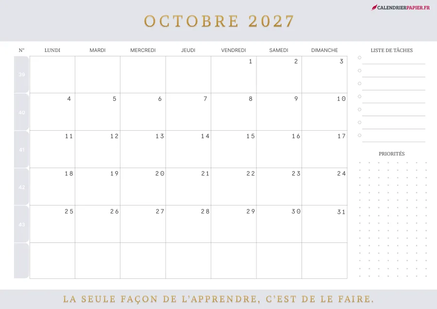 Calendrier octobre 2027 à imprimer avec numéros de semaine, liste de tâches, couleur lavande