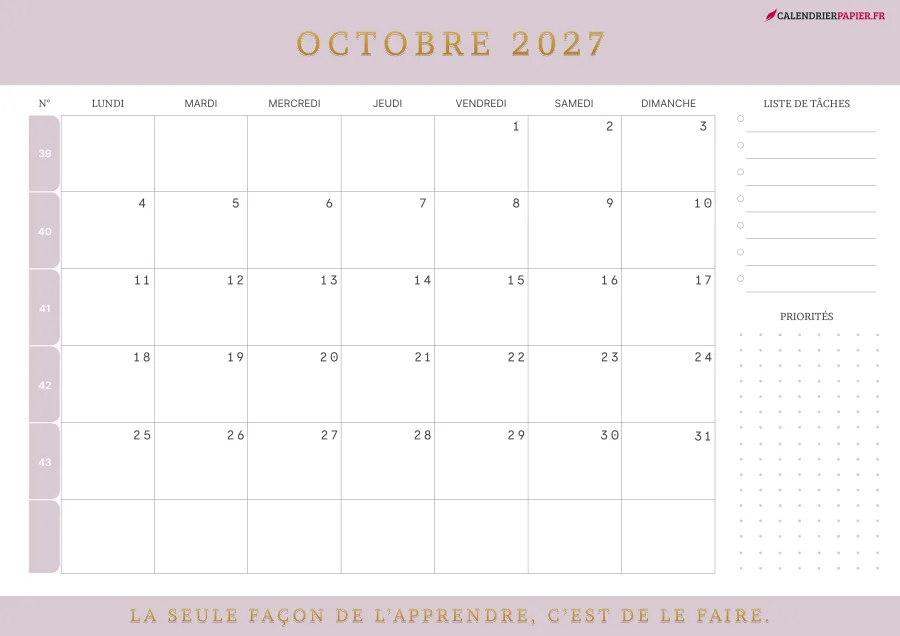 Calendrier octobre 2027 à imprimer avec numéros de semaine, liste de tâches, couleur rose