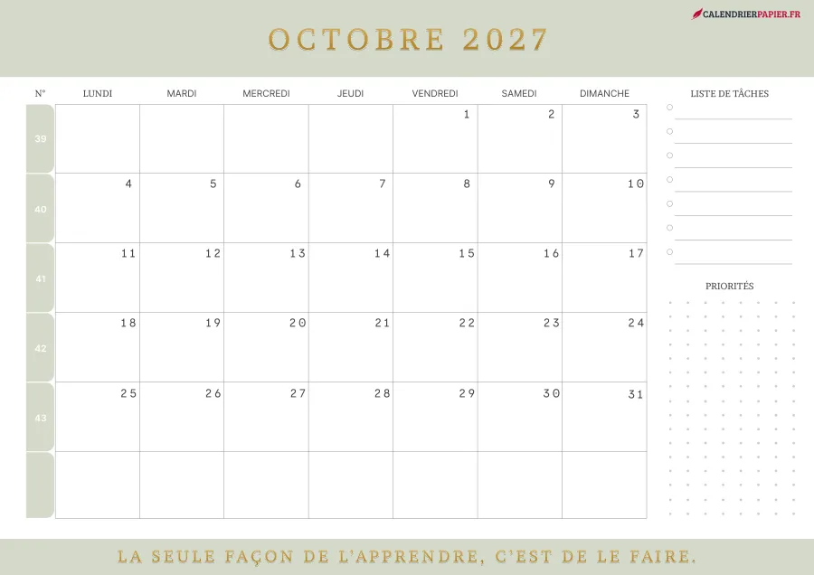 Calendrier octobre 2027 à imprimer avec numéros de semaine, liste de tâches, couleur vert