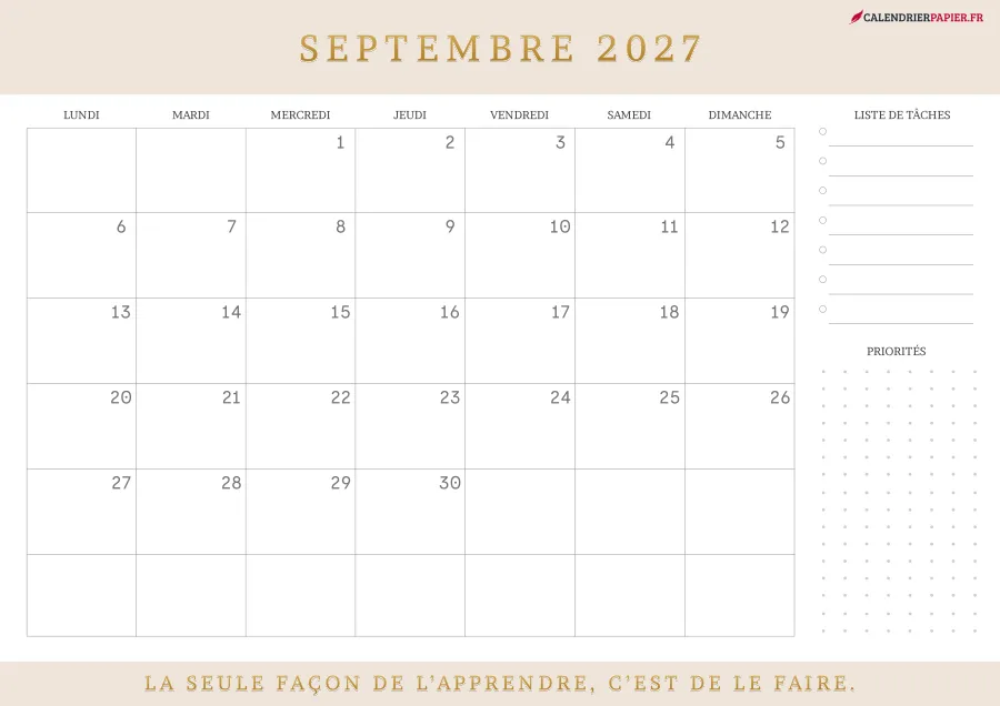 Calendrier septembre 2027 à imprimer avec jours fériés, liste de tâches, couleur crème
