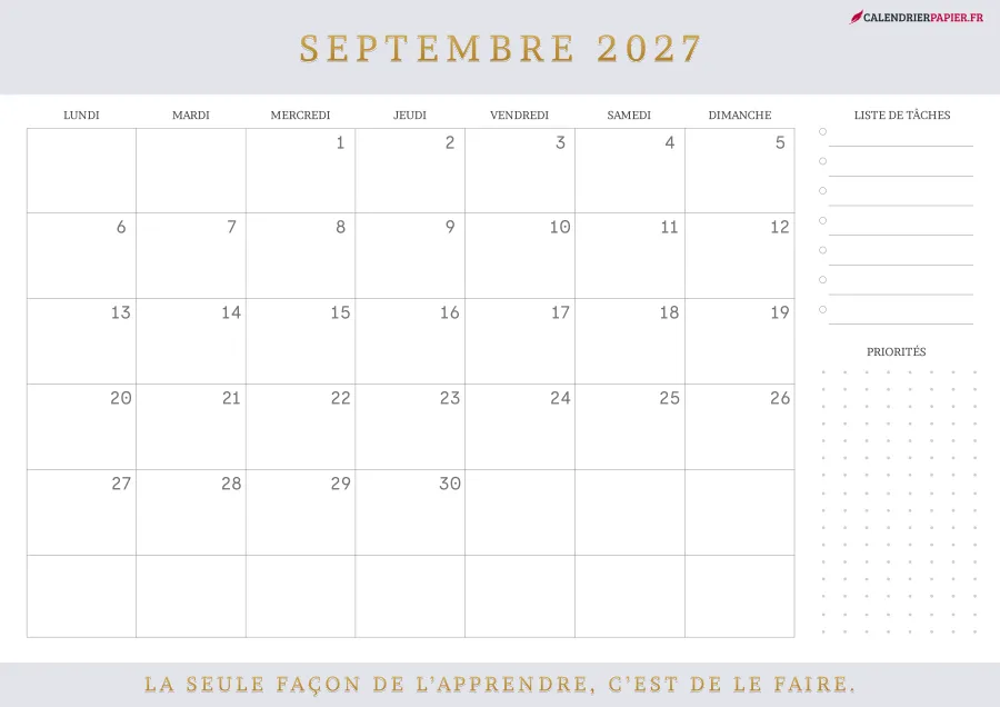 Calendrier septembre 2027 à imprimer avec jours fériés, liste de tâches, couleur lavande
