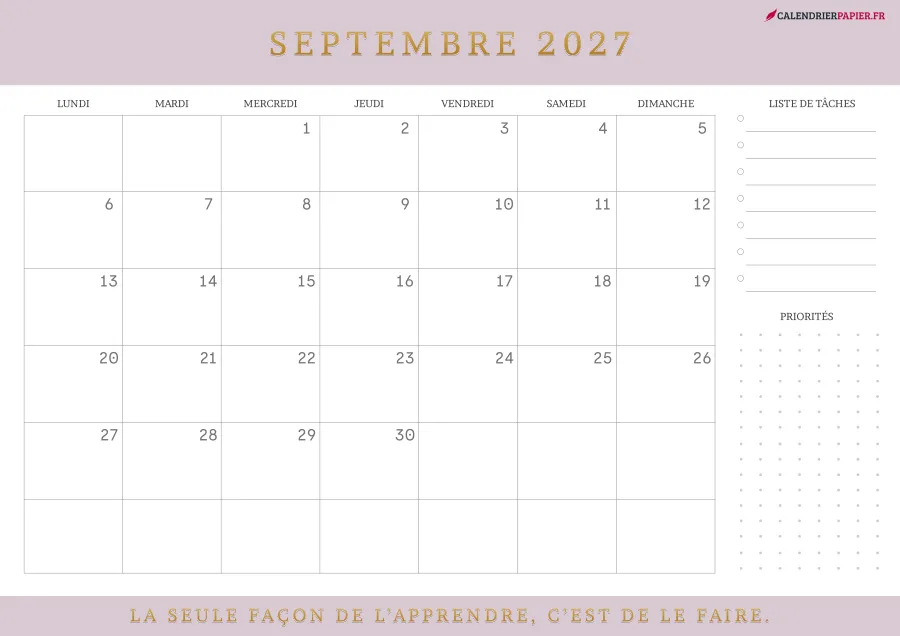 Calendrier septembre 2027 à imprimer avec jours fériés, liste de tâches, couleur rose