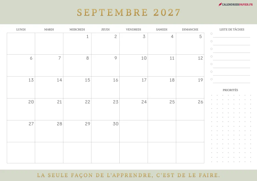Calendrier septembre 2027 à imprimer avec jours fériés, liste de tâches, couleur vert