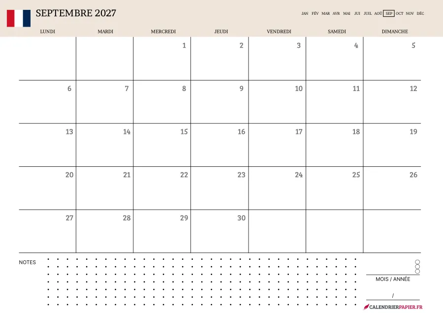Calendrier septembre 2027 à imprimer avec jours fériés, notes, couleur crème
