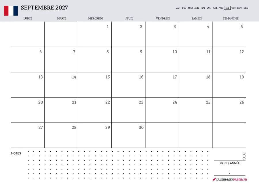 Calendrier septembre 2027 à imprimer avec jours fériés, notes, couleur lavande