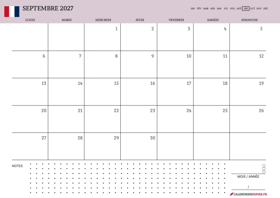 Calendrier septembre 2027 à imprimer avec jours fériés, notes, couleur rose