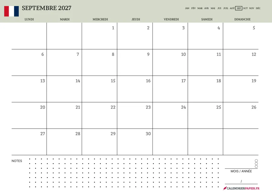 Calendrier septembre 2027 à imprimer avec jours fériés, notes, couleur vert