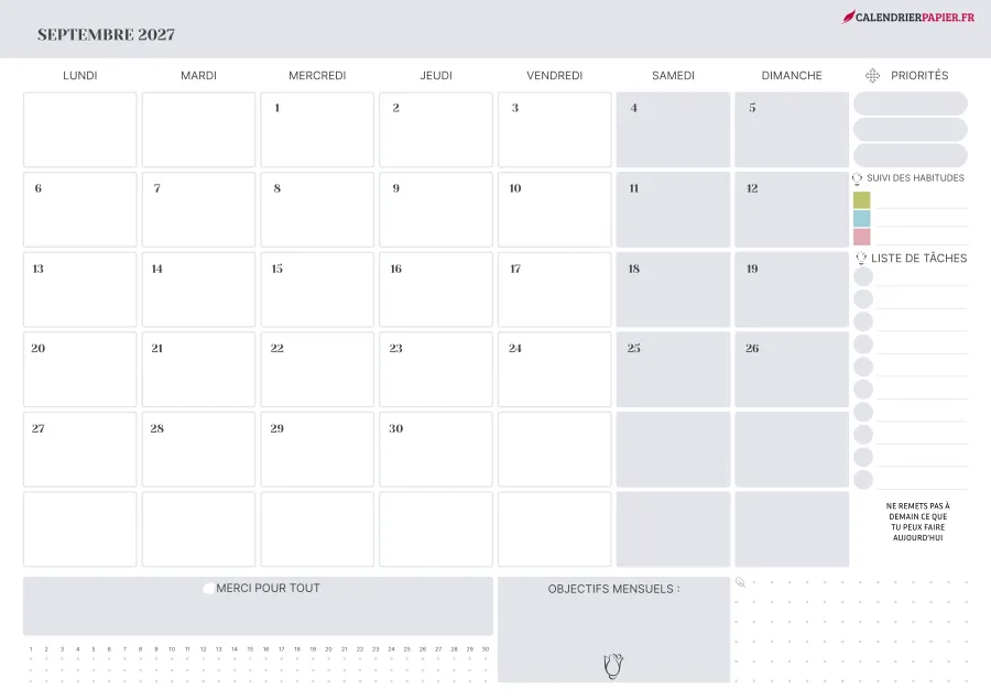 Calendrier septembre 2027 à imprimer avec jours fériés, priorités, couleur lavande
