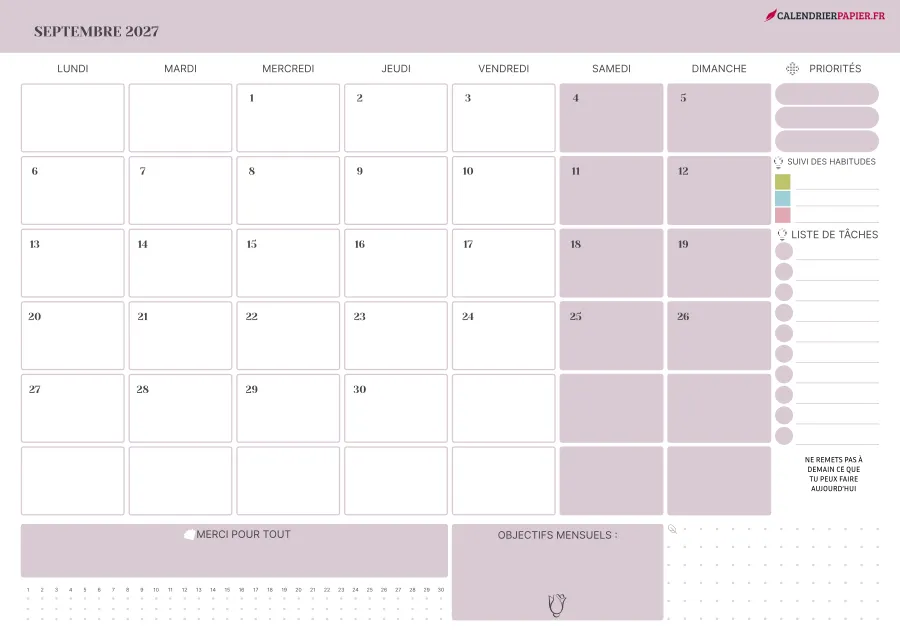 Calendrier septembre 2027 à imprimer avec jours fériés, priorités, couleur rose