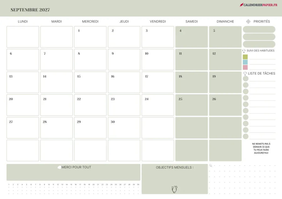 Calendrier septembre 2027 à imprimer avec jours fériés, priorités, couleur vert