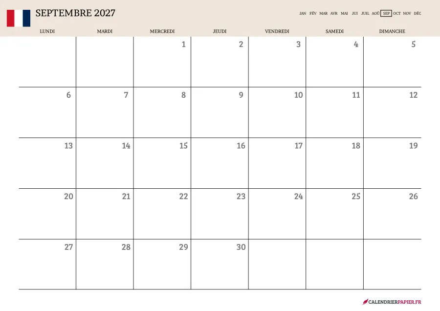 Calendrier septembre 2027 à imprimer avec jours fériés, vierge, couleur crème