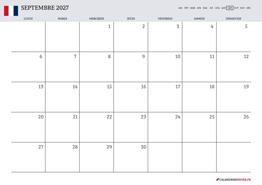 Calendrier septembre 2027 à imprimer avec jours fériés, vierge, couleur lavande