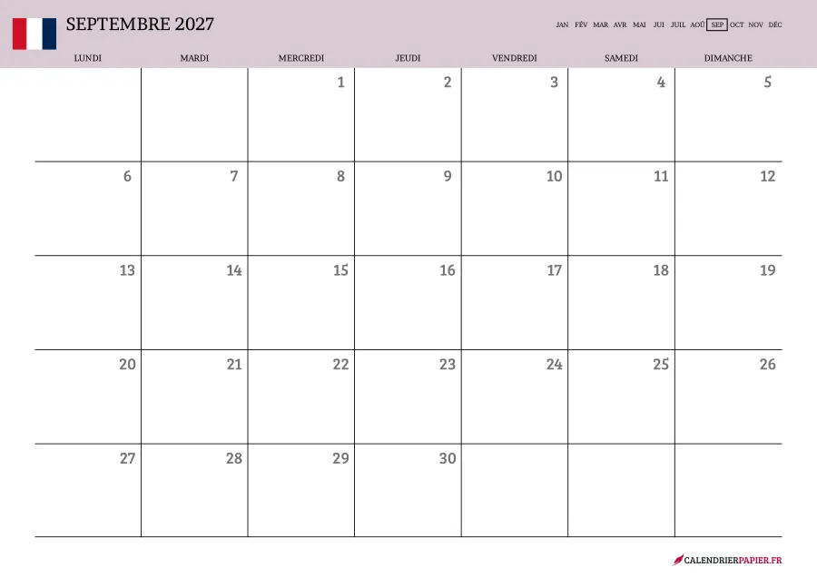 Calendrier septembre 2027 à imprimer avec jours fériés, vierge, couleur rose