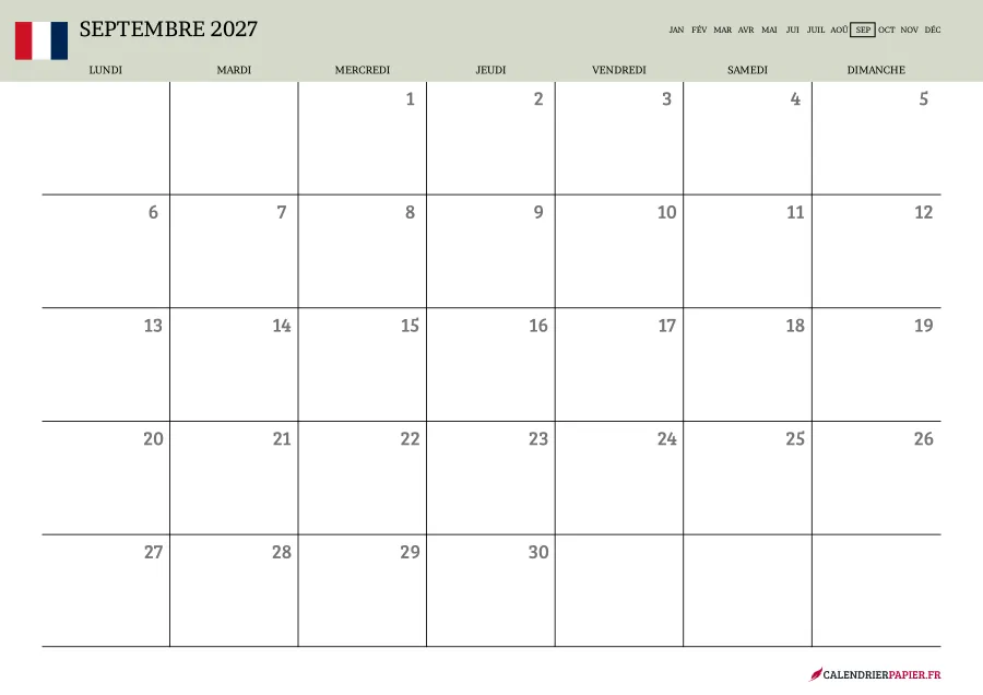 Calendrier septembre 2027 à imprimer avec jours fériés, vierge, couleur vert