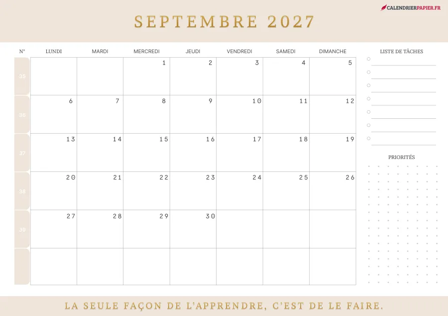 Calendrier septembre 2027 à imprimer avec numéros de semaine, liste de tâches, couleur crème