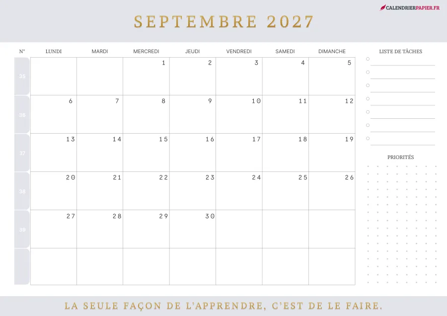 Calendrier septembre 2027 à imprimer avec numéros de semaine, liste de tâches, couleur lavande