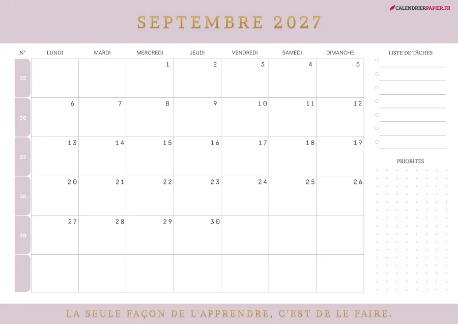 Calendrier septembre 2027 à imprimer avec numéros de semaine, liste de tâches, couleur rose