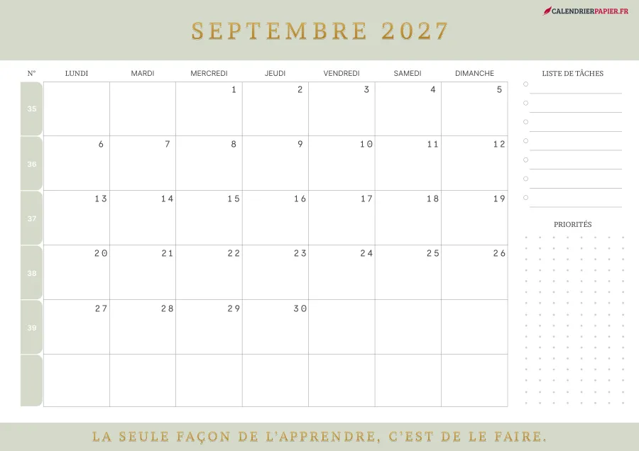 Calendrier septembre 2027 à imprimer avec numéros de semaine, liste de tâches, couleur vert