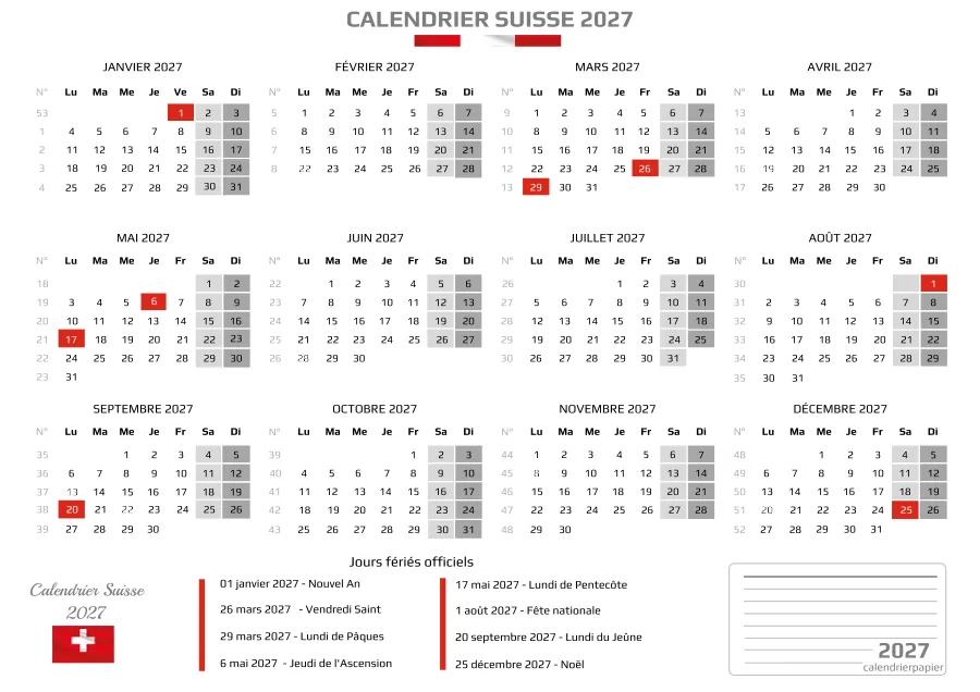 Calendrier suisse 2027 à imprimer avec les jours fériés, format A4 paysage