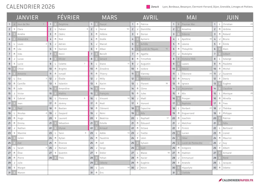 Vacances scolaires 2026 à imprimer — zone a seule