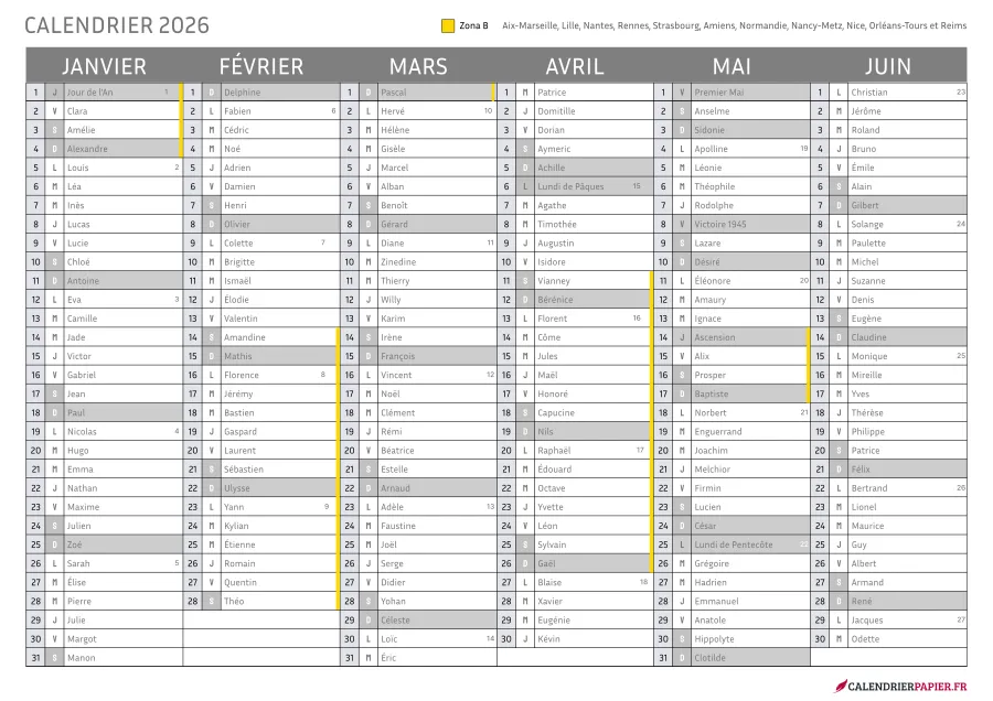 Vacances scolaires 2026 à imprimer — zone b seule