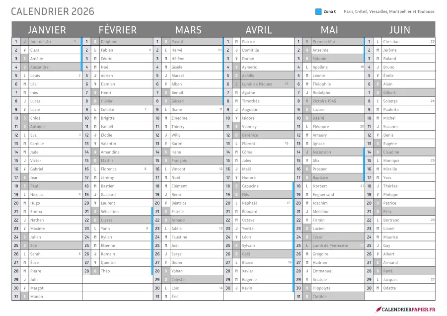 Vacances scolaires 2026 à imprimer — zone c seule