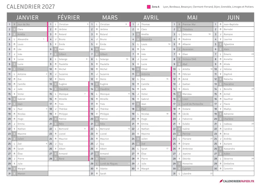 Vacances scolaires 2027 à imprimer — zone a seule
