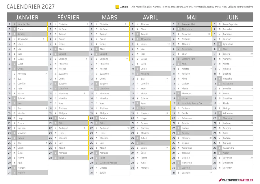 Vacances scolaires 2027 à imprimer — zone b seule